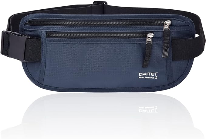 RFID Blocking Money Belt for Men Women, Slim Fanny Pack for Travelï¼Running,Conceal Waist Wallet for Passport Holder,Phone,Cash(Black Dark Blue)