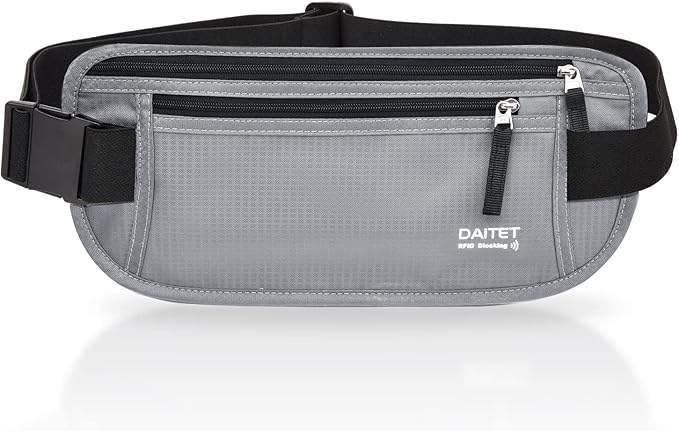 RFID Blocking Money Belt for Men Women, Slim Fanny Pack For Travelï¼Running,Conceal Waist Wallet For Passport Holder,Phone,Cash(Black Light Grey)
