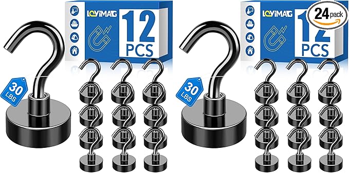 LOVIMAG Black Magnetic Hooks, 25Lbs Strong Magnetic Hooks Heavy Duty with Epoxy Coating for Refrigerator, Magnetic Cruise Hooks for Hanging, Classroom, Office, and Kitchen - Pack of 24