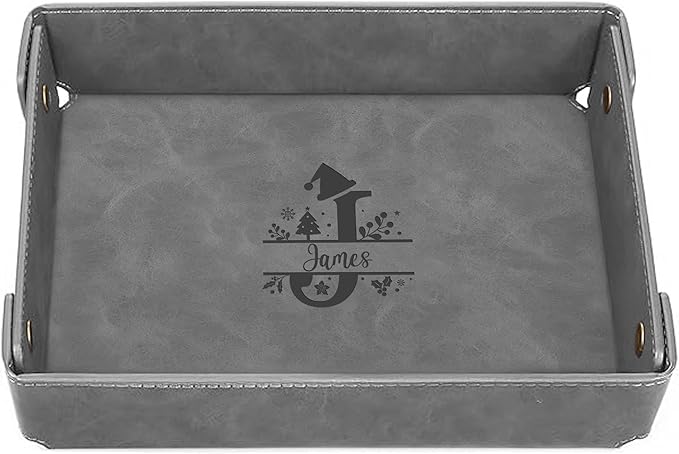 Engraved Christmas Gray Leather Valet Tray â Personalized Rectangle Catchall Organizer for Wallet, Keys, and Jewelry â Gift for Men, Dad, Couples â Dresser Top or Coffee Table Tray Decor