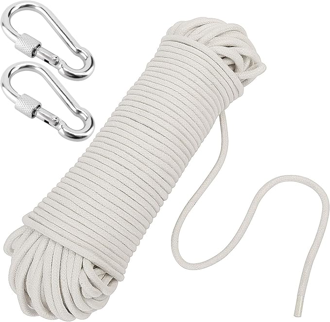 KEILEOHO 328 FT 1/4 Inch White Cotton Rope, Clothesline Rope, Craft Knitting Dream Catcher Rope, Clothesline for DIY Rope Basket Bowl Mat Candle Replacement Wick, with 2 Stainless Steel Hooks