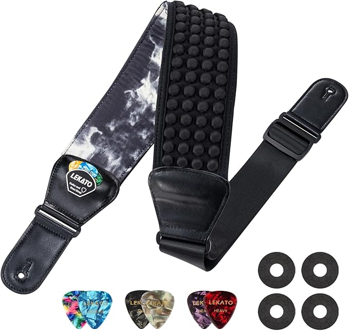LEKATO Guitar Bass Strap for Electric Guitar Bass, 3" Wide Padded Guitar Strap Neoprene Pad with 3D Sponge Filling Adjustable Length from 45" to 55" with Strap Locks, Picks, Smoke