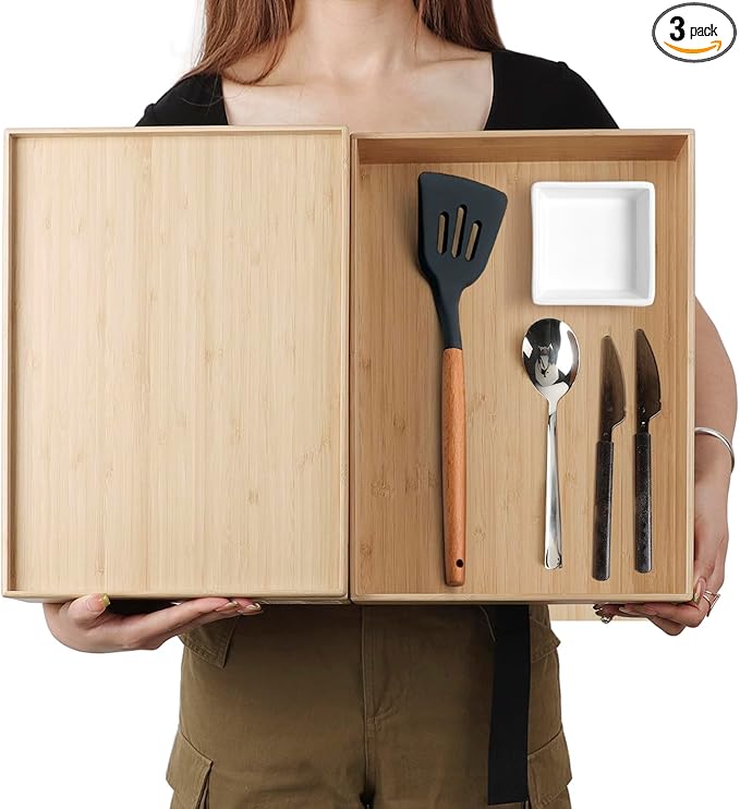 Stackable Bamboo Drawer Organizer Set â 2 Boxes with 1 Lid | Wood-Laminated Trays for Kitchen Utensils, Silverware & Flatware â Fits Cabinets, Pantry, Bathroom & Office | 14.6"x10.2" (2-Pack)