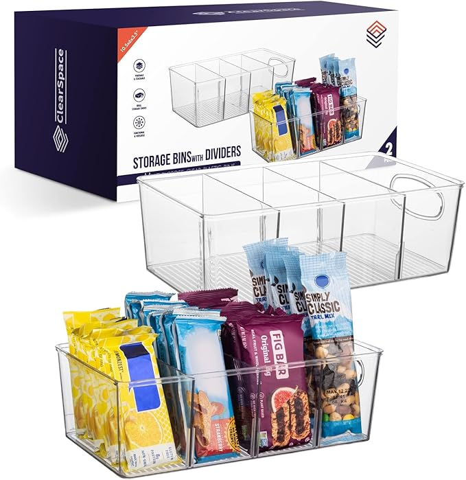 ClearSpace Plastic Pantry Organization and Storage Bins with Removable Dividers â Perfect Kitchen Organization or Kitchen Storage â Refrigerator Organizer Bins, Cabinet Organizers (2 Pack)