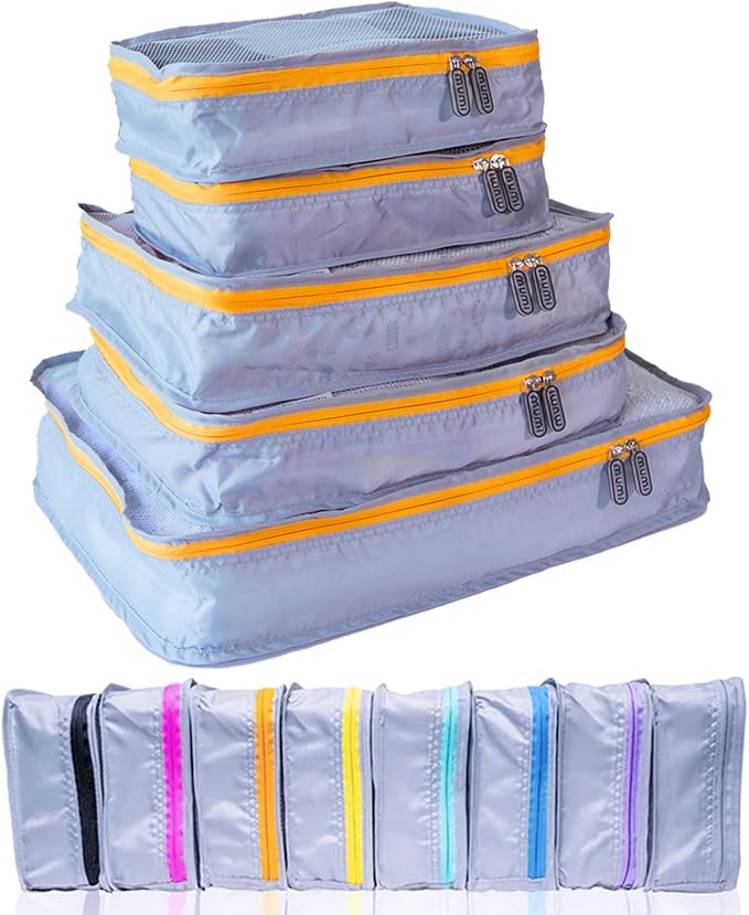 MUMI Packing Cubes - 5 Compression Packing Cubes for Travel, Luggage Organizer Bags for Suitcases, Carry-On, Duffle or Backpack â Mesh, Waterproof Bags for Clothes, Kids & Travel Accessories - Orange
