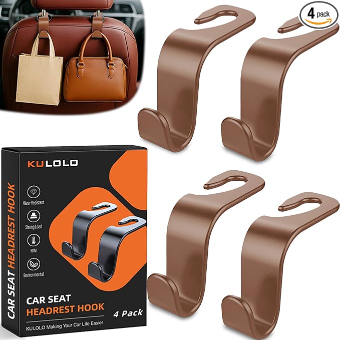 Car Seat Hooks & Purse Holder - 4 Pack Boxed,55 lb Heavy Duty,Eco PP Car Hooks for Purse/Bag/Baby Gear/Gym Bag/Groceries/Cup/,Fits 0.32-0.55âCar Headrest Rods (Brown)