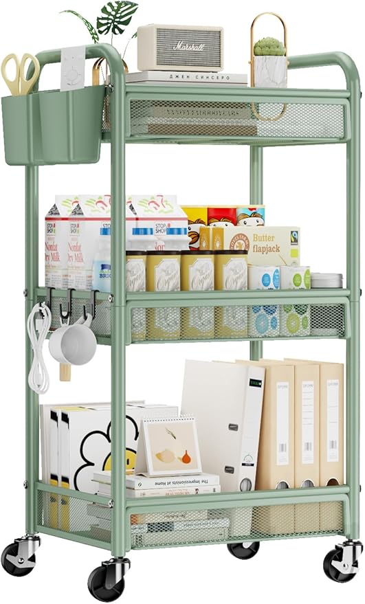 YASONIC 3 Tier Rolling Cart â Metal Utility Storage Carts with Wheels, Craft Carts Organizer with Hanging Cups, Hooks, Mesh Basket for Bedside Kitchen Office Art, Green