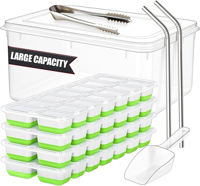56pcs Ice Cube Tray with Lid and Bin â Stackable 4 Trays Silicone Plastic Freezer Mold, Large Ice Bucket with Scoop, Tong & 2 SS Straws â Easy Release Ice Maker for Cocktail, Coffee, RV, Whiskey