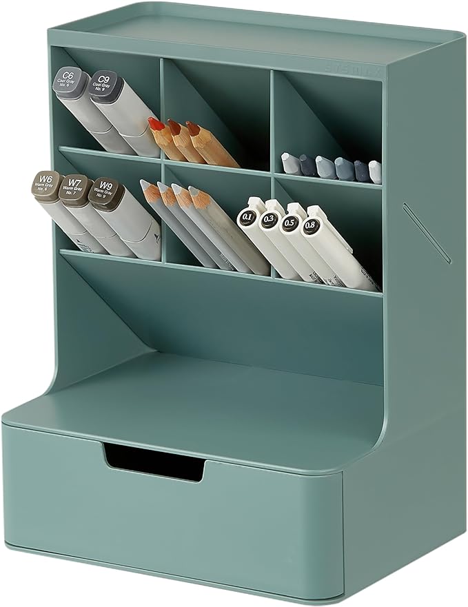 BLUE GINKGO Hive Desk Organizer â Vertical 6-Compartment, Full-drawer Storage â Space-Saving Pen Holder, Stationery Storage â Organizer for Office, School Supplies, Makeup (Made in Korea, Green)
