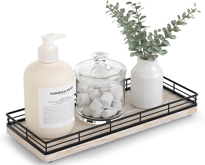 Bathroom Tray for Counter Top Organizer â Ash Wood Vanity Tray with Metal Frame for Dresser, Kitchen, Nightstand â Black & Whitewashed Decorative Storage