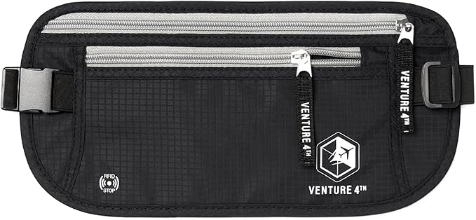 VENTURE 4TH Money Belt for Travel â Hidden Under-Clothes RFID Blocking Passport Holder & Slim Travel Wallet Pouch for Men & Women to Protect Cash, Cards & Documents (Black)
