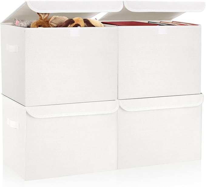 Large 22 Quart Linen Fabric Foldable Storage Bin Cube Organizer Basket with Flip-Top Lid & Handles, Clothes Blanket Box for Home, Office, Closet, White, 4 Pack 14.6 x 9.5 x 9.5â