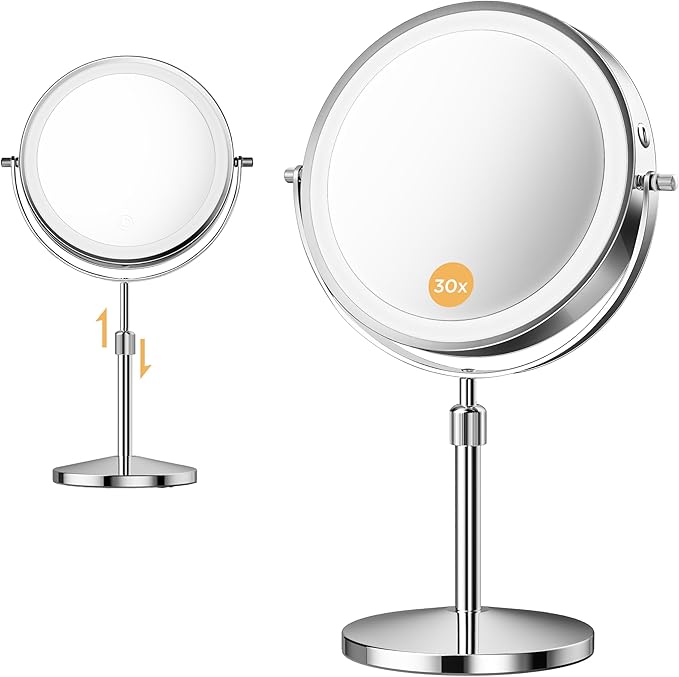 Makeup Mirror, 1X/30X Magnification with 3 Level LED Lights, 5000 mAh Rechargeable Double Sided 9â Magnifying Mirror with 360° Rotation, Perfect for Precision Grooming and Makeup, Women Gift