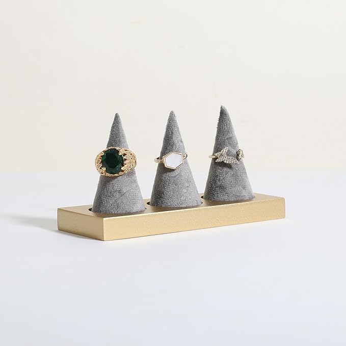 GemeShou grey jewelry ring display holder for selling, velvet ring cone display stand, cute cone shaped ring holder with golden coated base,Small jewelry ring storage organizerãRing holder-greyã