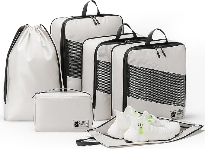 Compression Packing Cubes for Travel â 6-Piece Luggage Organizer Set with Double Zipper Compression, Shoe Bag, Laundry Pouch & Toiletry Bag â Lightweight Carry-On & Suitcase Organizers