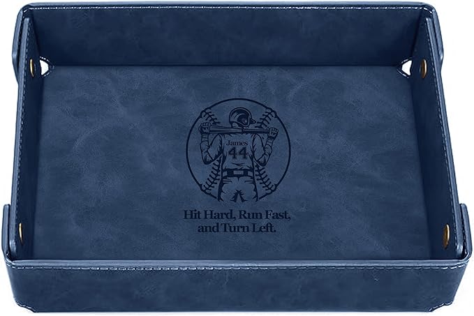 Engraved Baseball Valet TrayâPersonalized Leather Catchall with Custom NameâMenâs Nightstand Organizer for Keys, Wallet, Jewelry, and Essentials â Unique Baseball Fan Gift for Home or Office - Blue