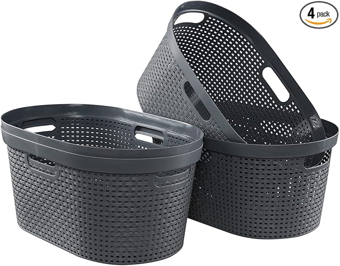 Wekioger 40 L Plastic Laundry Basket with Cutout Handles, 4 Packs, Large Clothes Hamper Storage Basket