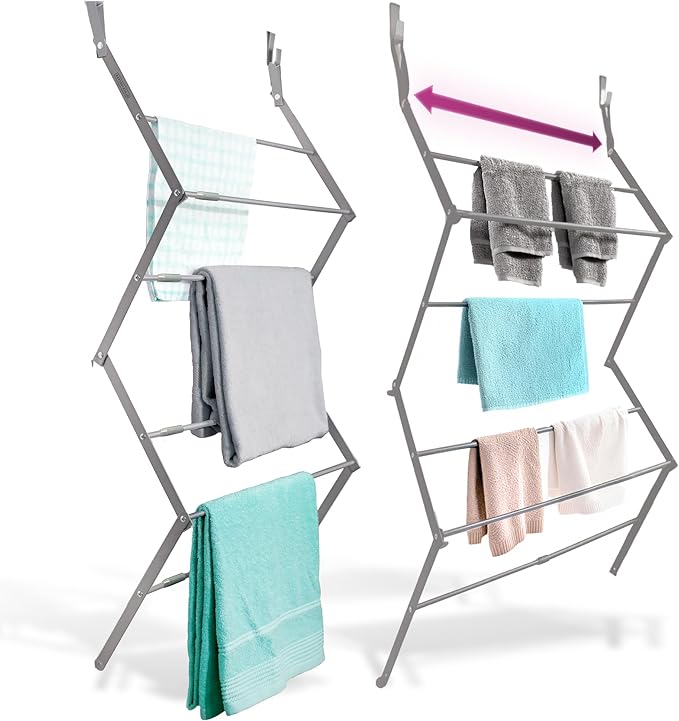 BLACK+DECKER Over The Door Expandable Telescopic Drying Rack, Clothes Organizer, Towel Hanger, Laundry, Collapsible, Gray
