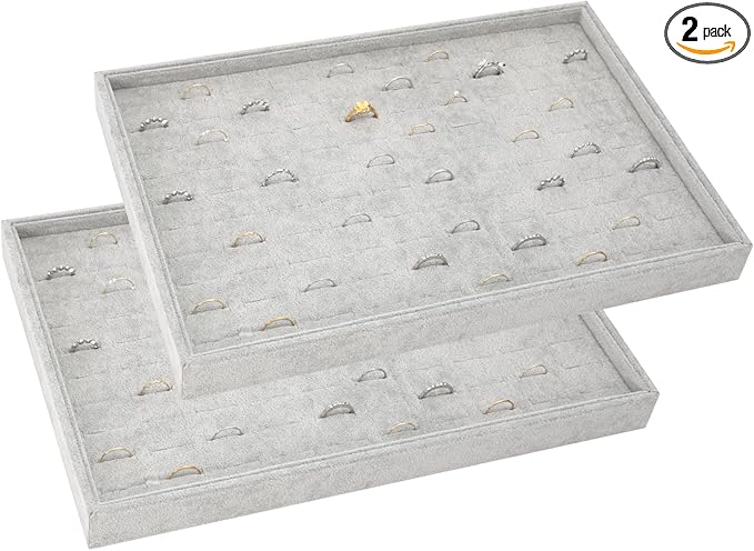 Polmart Stackable 100-Slot Rings & Earrings Organizer/Storage/Display Trays, Gray Velvet (2-Pack)