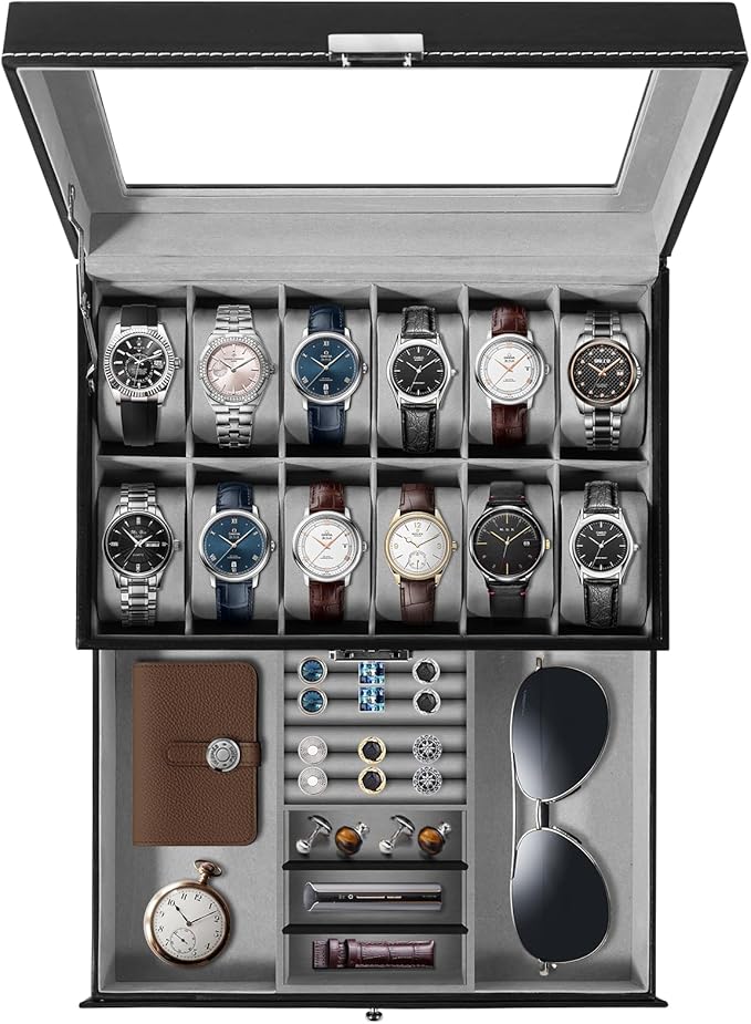 Uten Watch Box, 12 Slots PU Leather Watch Display Case with Jewelry Drawer, Removable Watch Pillow, Metal Clasp, Watch Box Organizer