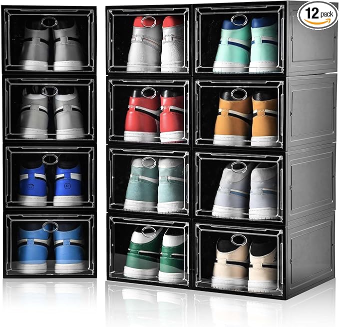 12 Pack Shoe Boxes Stackable,Upgraded Sturdy Shoe Storage Boxes with Clear Magnetic Door,Multifunctional Sneaker Storage, Shoe Box Organizer Fit up to US Size 12 Gray(13.8âx 9.84âx 7.1â)