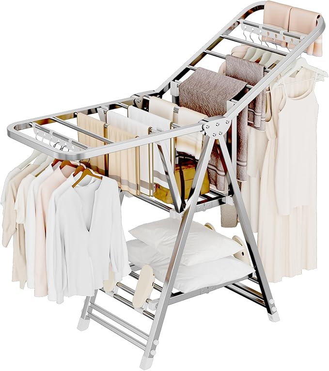 MIKEE Clothes Drying Rack,Stainless Steel Foldable Laundry Drying Rack with Height Adjustable Wings,Clothes Rack with Shoe Rack,Windproof Hanging Holes and Wheelsï¼132 lb,Indoor Outdoor Use