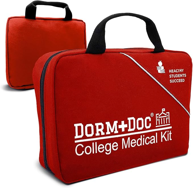 College First Aid Kit â Compact Emergency Medical Kit for Dorm Rooms, School, Sports â with Bandages, OTC Medicines for Relief, Gauze, Quick Care Set â Portable Health Kit - 175 PCS, Red