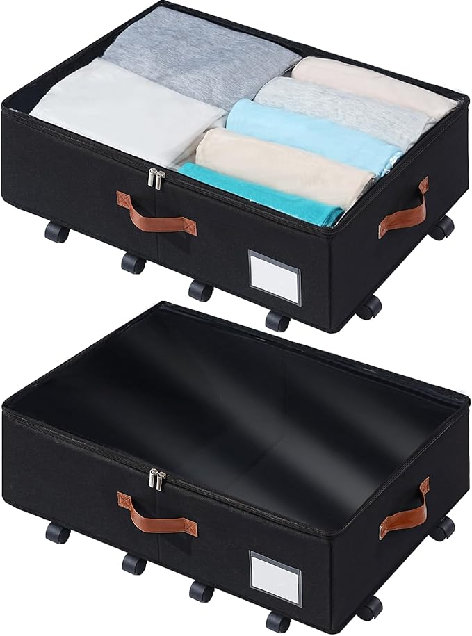 Under Bed Storage Organizer with Wheels, Underbed Container with Clear Lid Cover, Storage Bag Box with Visiable Window for Clothes, Bedsheet, Pillow, 2 Packï¼7.5 inches