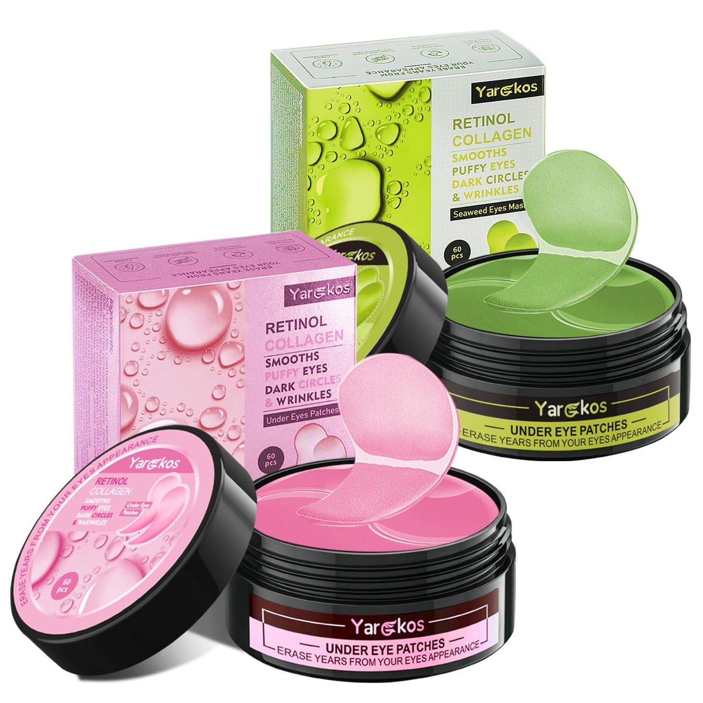2 Packs 60 Pcs Under Eye Patches, Pink+Green, 30 Pairs Women Undereye Mask for Puffy Eyes Dark Circles Treatment, Men Collagen Gel Pads Hydrating for Eye Bags Puffiness Wrinkle, Beauty Skin Care