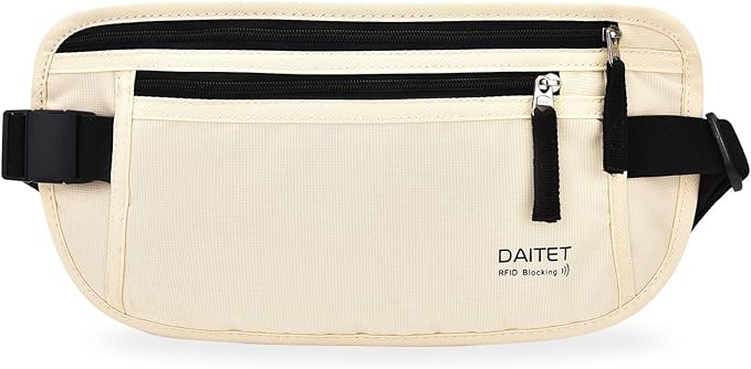 RFID Blocking Money Belt for Men Women, Slim Fanny Pack for Travelï¼Running,Conceal Waist Wallet for Passport Holder,Phone,Cash(Cream White)