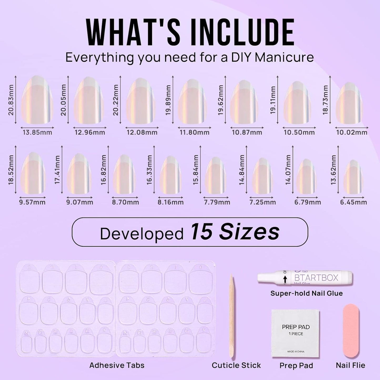 French Tip Press On Nails - BTArtbox White Almond Medium Reusable Stick On Nails in 15 Sizes - 30 Soft Gel Fake Nail Kit for Women Gift, Classic