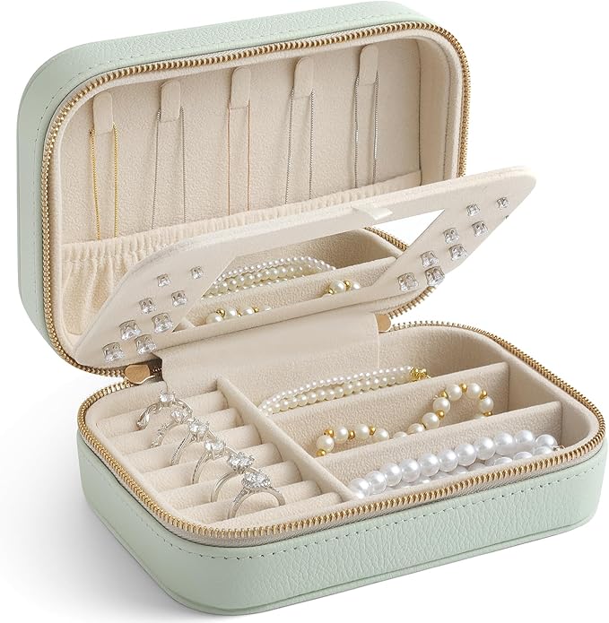 Genuine Leather Travel Jewelry Organizer Case with Mirror for Women, Small Mini Portable Jewelry Box for Ring Earrings Necklace Bracelet Luxury Gift for Womenï¼Mint Greenï¼