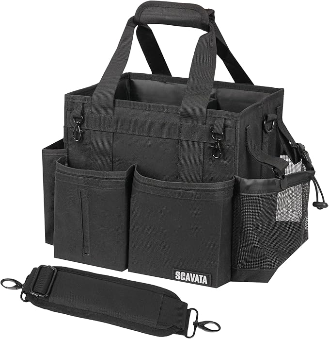 Compact Wearable Cleaning Caddy, Small Supplies Organizer with Handle & Shoulder Straps for Housekeepers, Under Sink & Car Cleaning Tool Organizer Bag (Black)