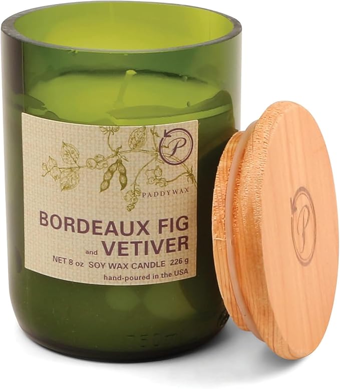 Paddywax Eco Collection Scented Soy Wax Candle in Glass Jar, Bordeaux Fig & Vetiver Fragrance, Green Vessel with Wood Lid, 8 oz