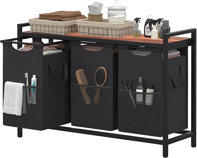 Heybly Laundry Hampers, 3 Ã 15 Gal (171 L) Laundry Basket with Large Desktop Sorter for Laundry Room organization, Bathroom and Dorm Laundry Bags on Storage Shelf, Walnut HLH003WB