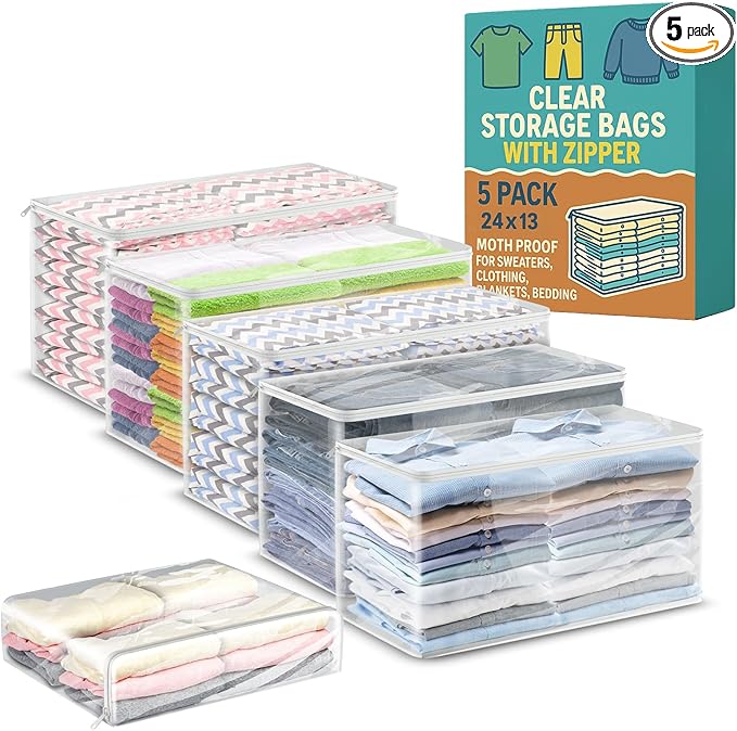 Houseables Clothes Storage Bag, Sweater Bags Moth Proof, Moth Proof Sweater Storage, Clear Zipper Organizer, Vinyl Zippered Plastic Protection, Blanket, Linen, Clothing, Quilt, Bed Sheet, 24x13, 5 PK