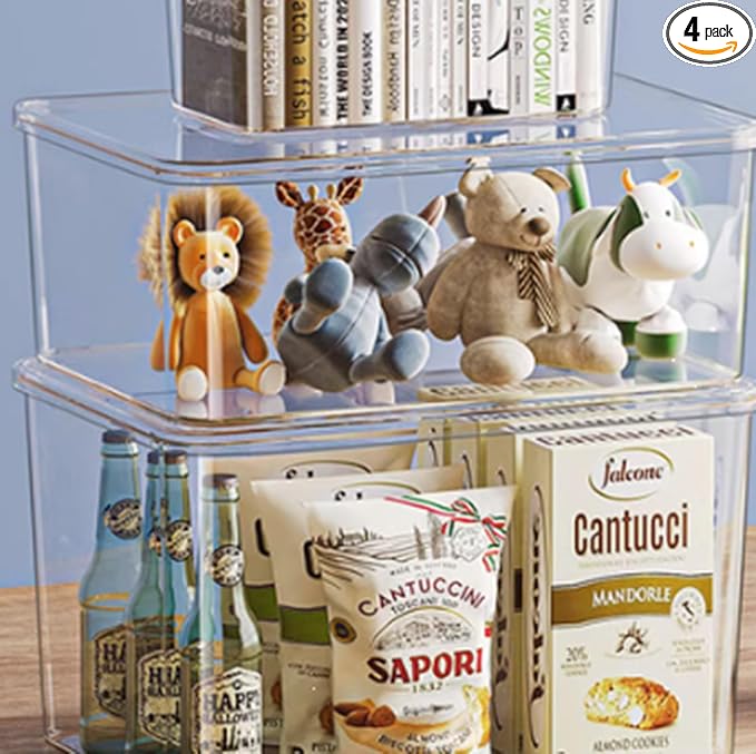 Clear plastic storage bins with LIDS,storage containers for snacks, cosmetics, books, dog food, Storage Organizer for Nurseryï¼Kitchen, Living room,Bedroom, Bathroom, Office(clear, 2XL+2L)
