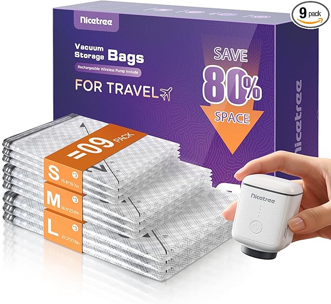 Nicetree 9-Pack Wireless Vacuum Storage Bags with Rechargeable Pump, 3 Sizes (20/24/28 Inch) Travel Vacuum Bags for Clothing, Bedding & Seasonal Storage, Space Saver for Luggage