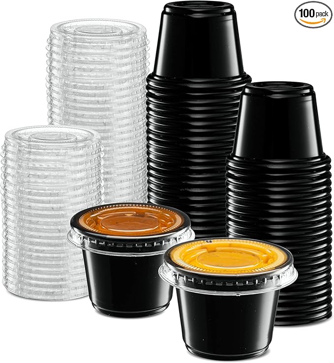 {1 oz - 100 Sets} Black Diposable Plastic Portion Cups With Lids, Small Mini Containers For Portion Controll, Jello Shots, Meal Prep, Sauce Cups, Slime, Condiments, Medicine, Dressings, Crafts, Disposable Souffle Cups & Much more