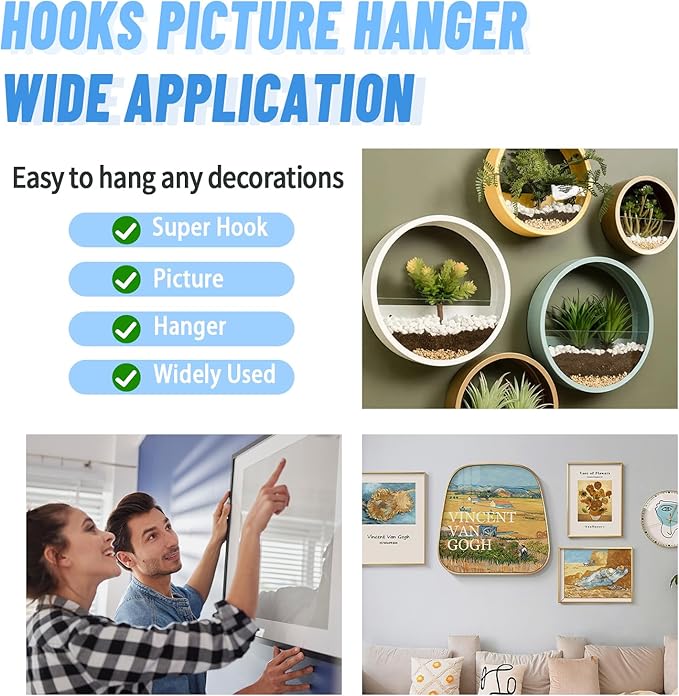 FURHUA 20pcs Black Super Hook Picture Hangers and Office Pack, Drywall Hooks for Hanging Pictures, Wall Hooks, Picture Hangers, Picture Hanging Kit,Hang Art, Clock, Shelves, Mirrors