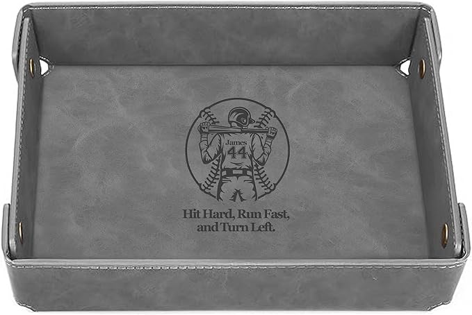 Engraved Baseball Valet Tray âPersonalized Leather Catchall with Custom Name âMenâs Nightstand Organizer for Keys, Wallet, Jewelry, and Essentials â Unique Baseball Fan Gift for Home or Office - Grey