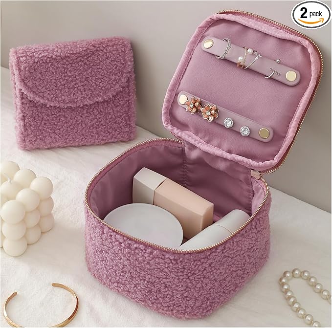 Travel Jewelry Case, 2-In-1 Small Jewelry Organizer Travel Jewelry Storage with Foldable Jewelry Roll for Earrings Rings Makeup, Travel Essentials Gifts for Women Girl, Lavender