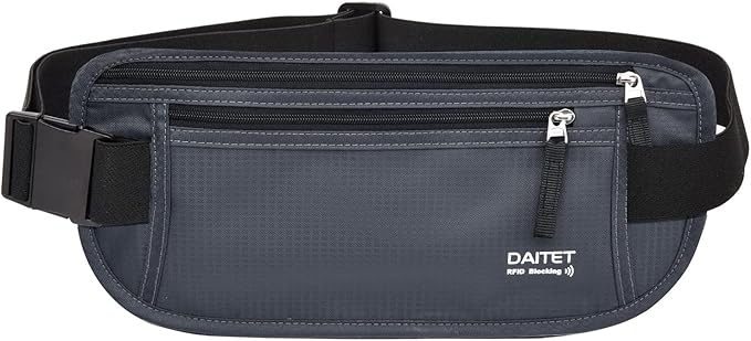 RFID Blocking Money Belt for Men Women, Slim Fanny Pack for Travelï¼Running,Conceal Waist Wallet for Passport Holder,Phone,Cash(Black Dark Grey)
