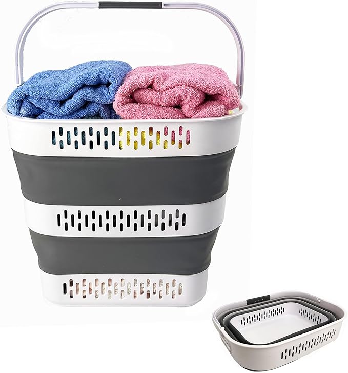 SAMMART 40L (10.5 Gallon) Collapsible Plastic Laundry Basket - Foldable Pop-Up Storage Container/Organizer â Portable Space Saving Laundry Hamper (1, White/Steel Grey)