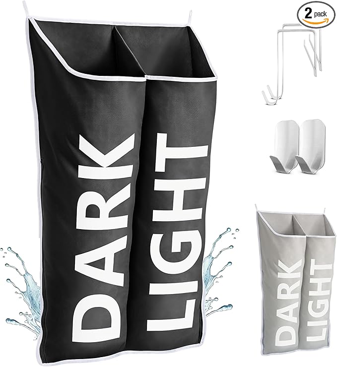 Hanging Laundry Hamper Bag XL, Space Saving over the Door Storage Bags, Behind the Door Hampers for Dirty Clothes & Wall Mounted Basket for Bathroom (Black, Double Compartment)