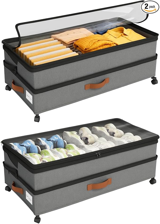 Expandable Under Bed Storage with Wheels 2 Pack â Large Under Bed and Closet Storage - Expandable Storage Bins with Lid & Dividers, Low Profile Storage Solution for Clothes, Shoes Great for Dorm Rooms