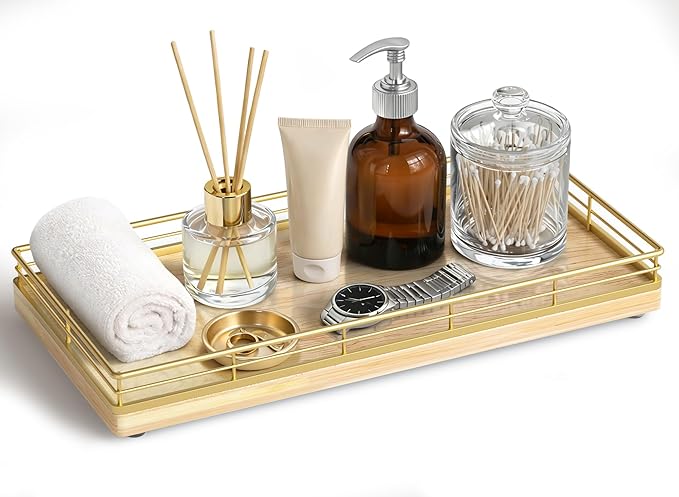 Bathroom Vanity Tray â 12" x 6" Oak Decorative Wooden Tray for Toilet Tank Organizer Wood Tray for Bathroom Countertop, Soap, Perfume & Storage, Vanity & Dresser Decor, Gold & Natural Oak