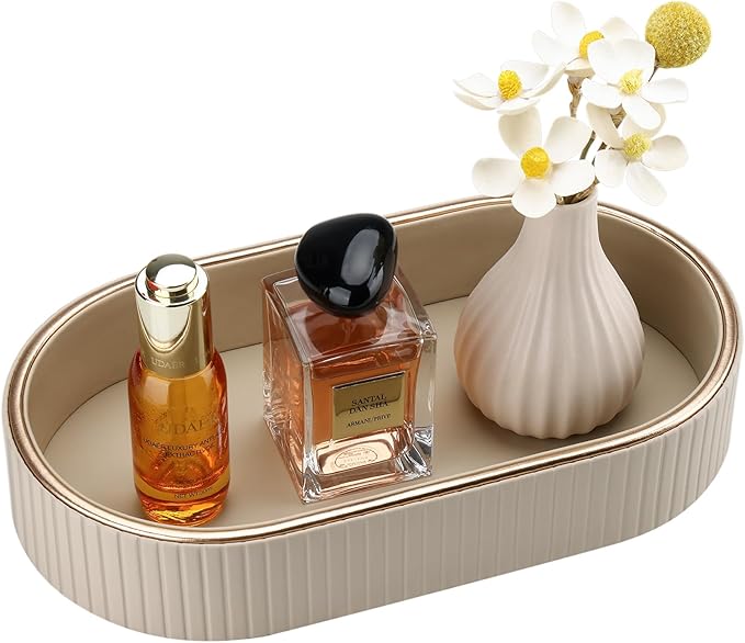 GORESE PU Leather Perfume Tray Nightstand Organizer, Small Oval Desk Tray Jewelry Trinket Trays Valet Organizer Key Bowl for Entryway Dresser Bathroom, Catchall Trays for Men Women, 11Ã5.9 in, Beige