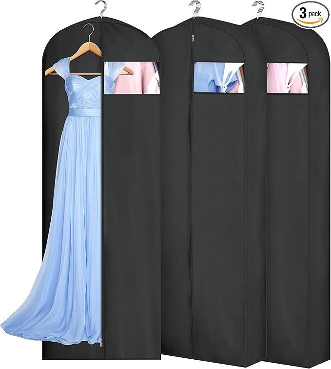 MISSLO 4" Gusseted Garment Bags for Hanging Clothes 65" Dress Bags for Gowns Long Waterproof Dress Cover for Closet Hanging Clothes Storage Bag, 3 Packs, Black