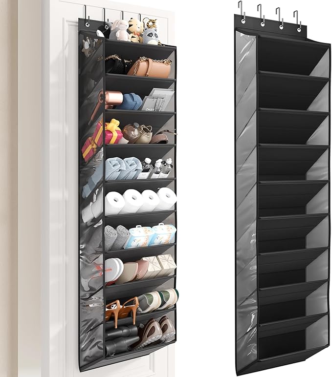 10 Tier Clear Over the Door Shoe Organizer with Deep Pockets, Door Shoes Rack with Hard Tube to Keep the Shape, Hanging Shoe Rack for Closet Organizers & Storage, Behind Door Shoe Holder Black